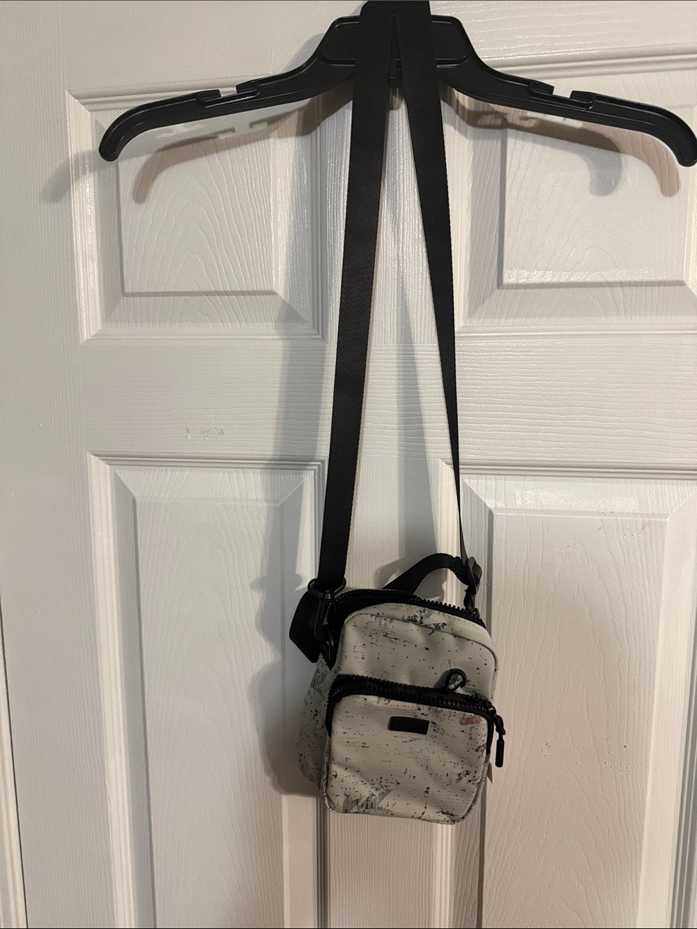 Speckled White Mini Crossbody Bag with Black Strap